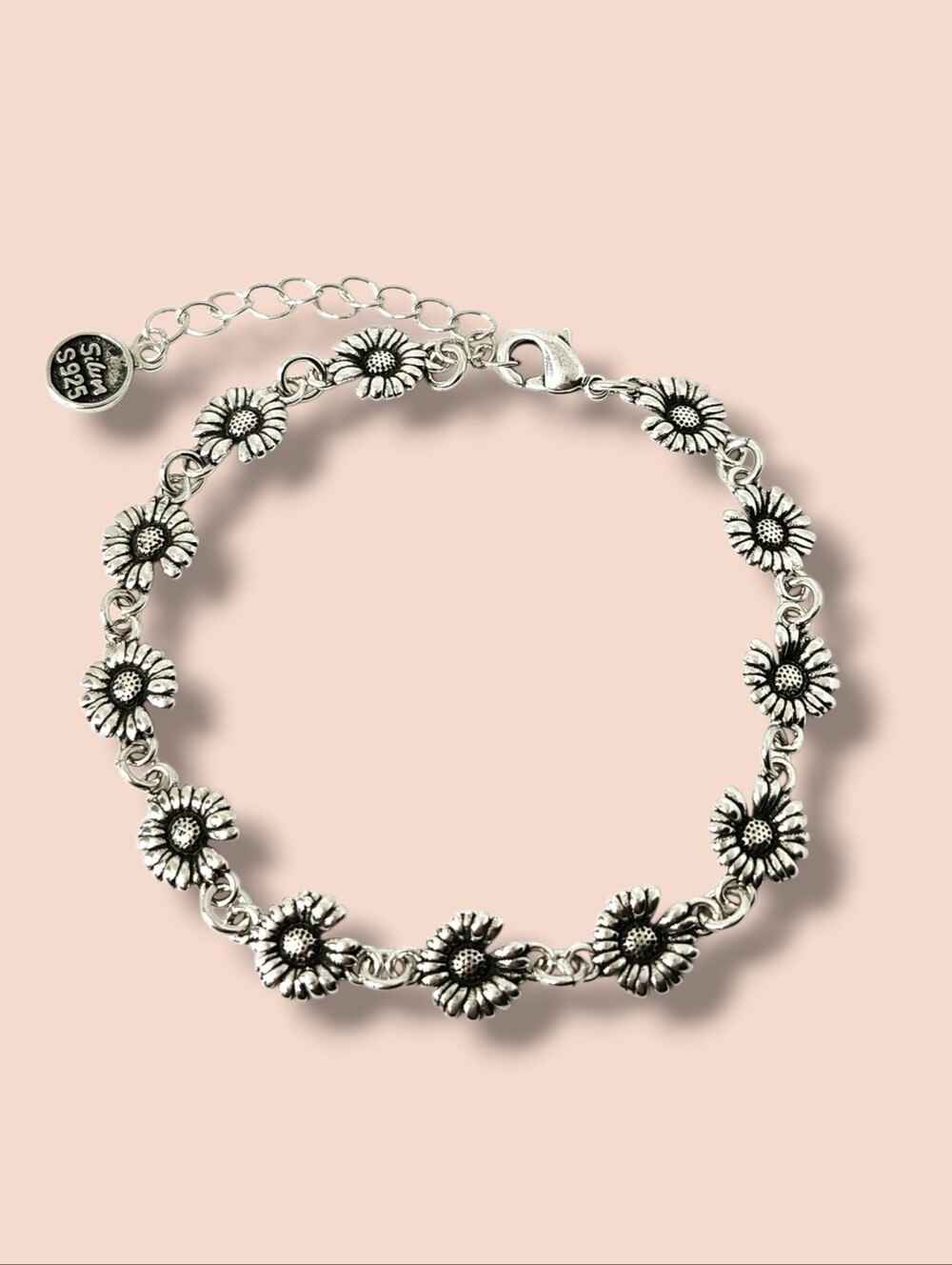 Sterling Silver Daisy Flower Chain Bracelet Adjustable